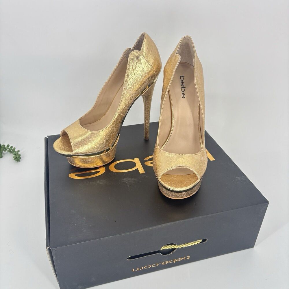 Women’s Bebe Farah Shiny Metallic Gold Peep Toe Stiletto Heels‎ Size 8